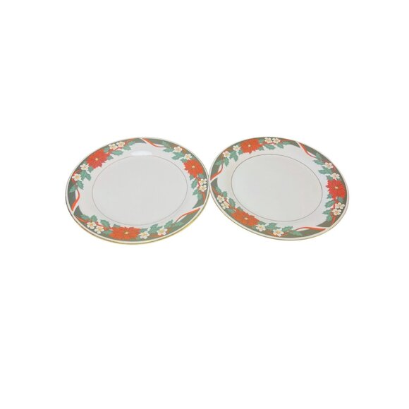 Tienshan Fine China Plates "Deck The Halls" Holiday Set Of 2 Red & Green With Go - Picture 2 of 4